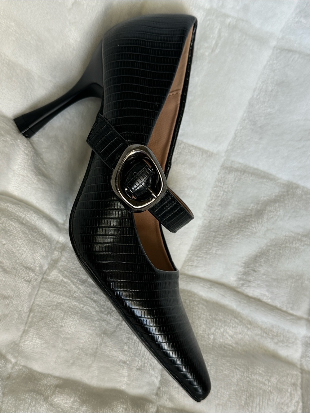 Black Croc-Embossed Mary Jane Pumps with Silver Buckle size 7
